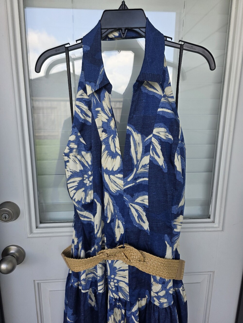 Donna Karan New York Halter Maxi Dress 16 Blue Floral Belted Resort NWT $199 - Picture 5 of 13